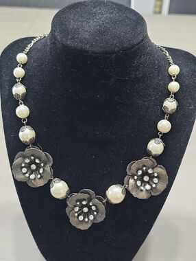 Vintage Pierre Lang Style Faux Pearl & Crystal Flower Statement Necklace
